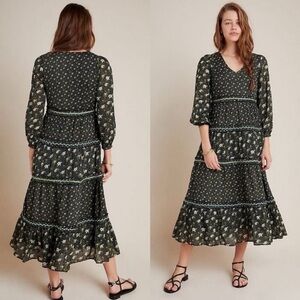 Anthropologie Karoline Midi Dress Cotton Tiered Floral Black & Green Size 4P NWT